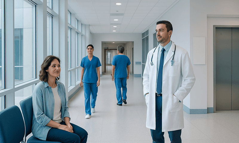Oophorectomy: When Ovary Removal Is Recommended and What to Expect 2 Doctor talking to a patient in a hospital corridor with medical staff in the background.