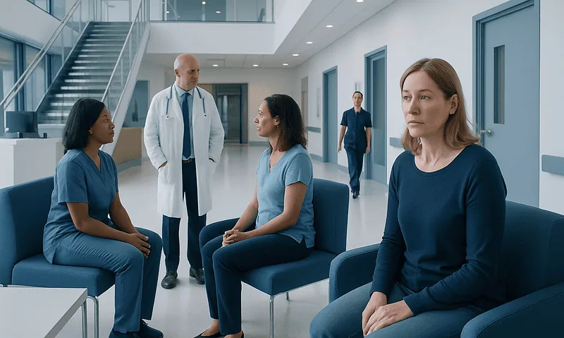 Vulvar Itching and Irritation: Common Causes and When to See a Gynecologist 17 Medical consultation with female patients and doctor in hospital corridor.