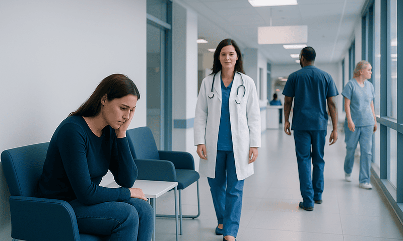 Low Libido in Women: Possible Causes, Hormone Factors, and When to Ask for Help 7 Young woman waiting in hospital corridor with healthcare professionals nearby.