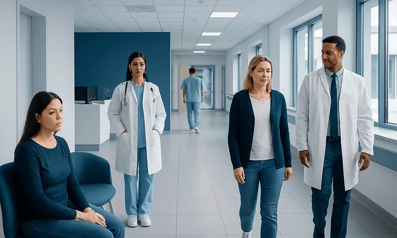 Vulvodynia: Chronic Vulvar Pain Symptoms, Diagnosis, and Treatment Options 5 Medical consultation in hospital corridor with healthcare professionals and patient.