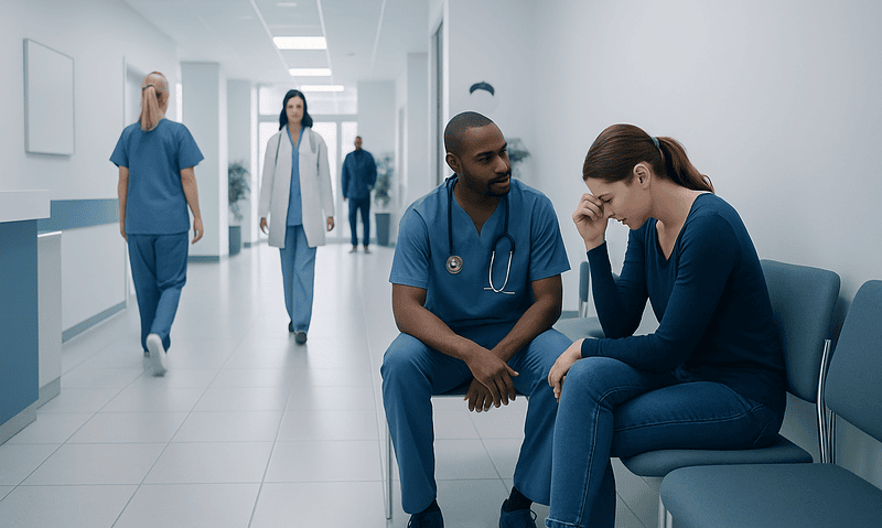 Miscarriage: Early Symptoms, Diagnosis, and What Care May Be Needed 2 Compassionate healthcare professional comforting a patient in a hospital corridor.
