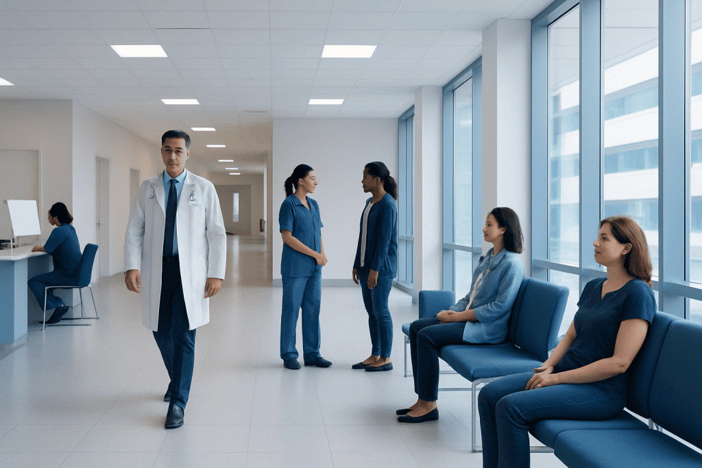 Bartholin Cyst: When a Vaginal Lump Needs Treatment 1 Medical staff and patients in a modern hospital corridor with large windows.