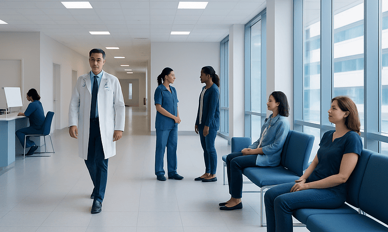 Medical staff and patients in a modern hospital corridor with large windows.