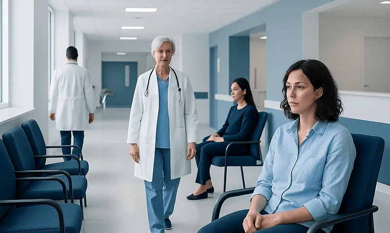 Medical professionals and patients in a hospital corridor at Acibadem Hospitals Group.