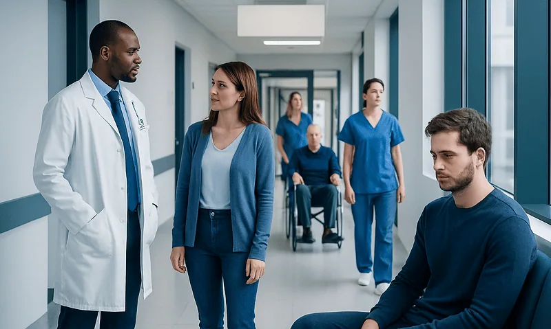 Medical team discussing patient care in hospital corridor.