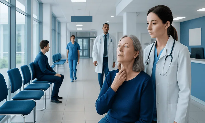 Medical staff assisting a patient with swallowing issues in hospital corridor.