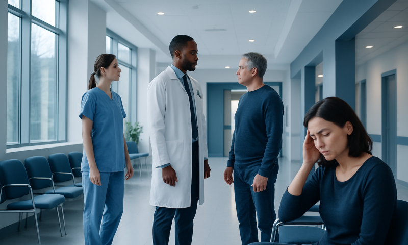 Medical team consulting with patient in hospital corridor.