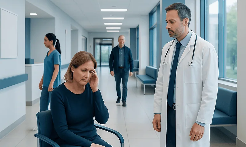 Persistent Dizziness After a Viral Illness: When Neuro-Otology Can Help 18 Patient experiencing dizziness in a hospital corridor with medical staff nearby.