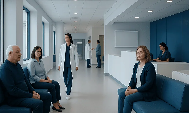 Patients waiting in a modern hospital corridor with medical staff nearby.