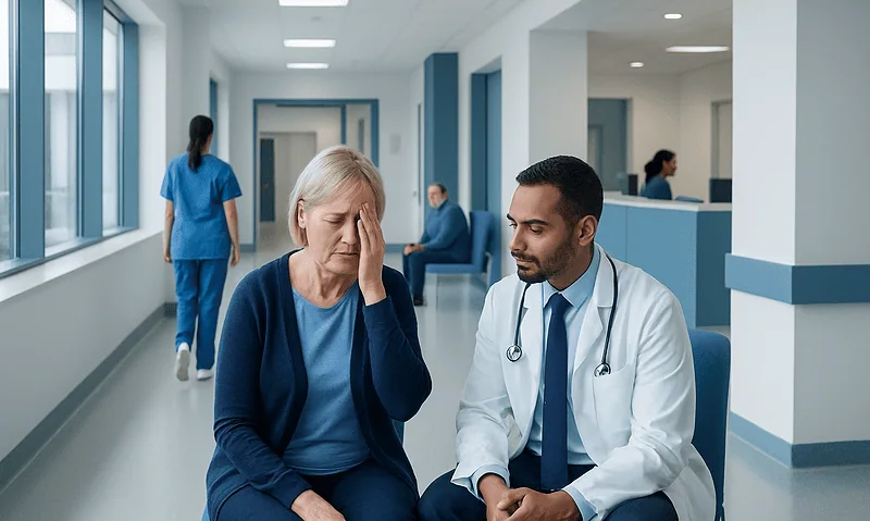 Patient experiencing vision loss consults with doctor in hospital corridor.