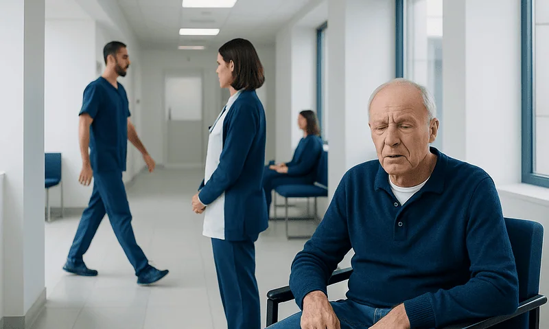Elderly man with drooping eyelid in hospital waiting area.