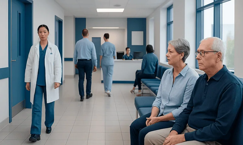 Patients waiting in a hospital corridor with medical staff nearby.