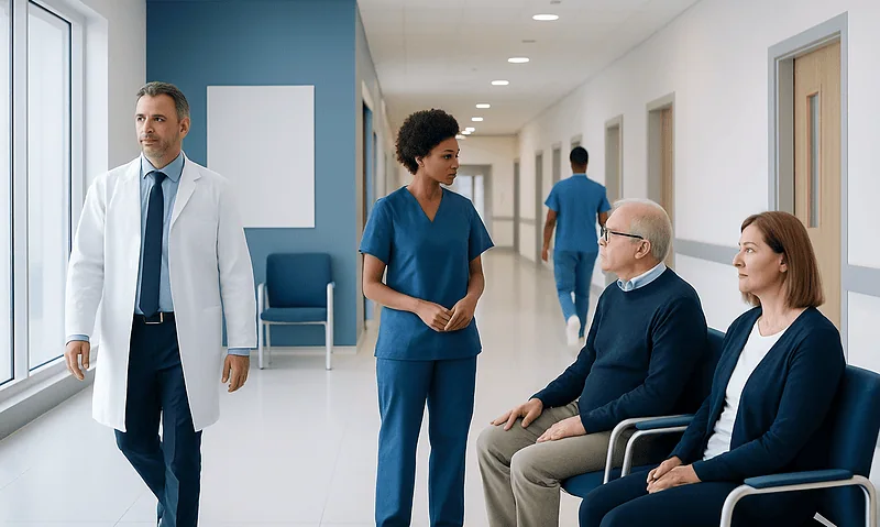 Medical team consulting with patients in hospital corridor.