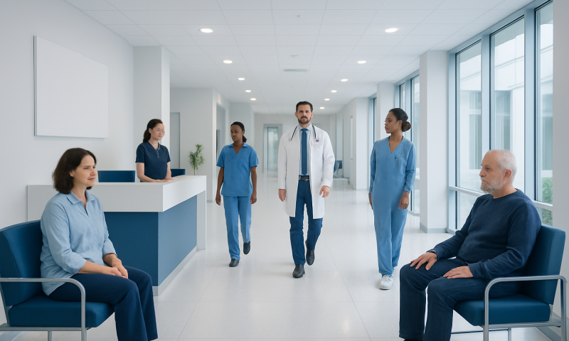 Hospital corridor with medical staff and patients in a modern healthcare facility.