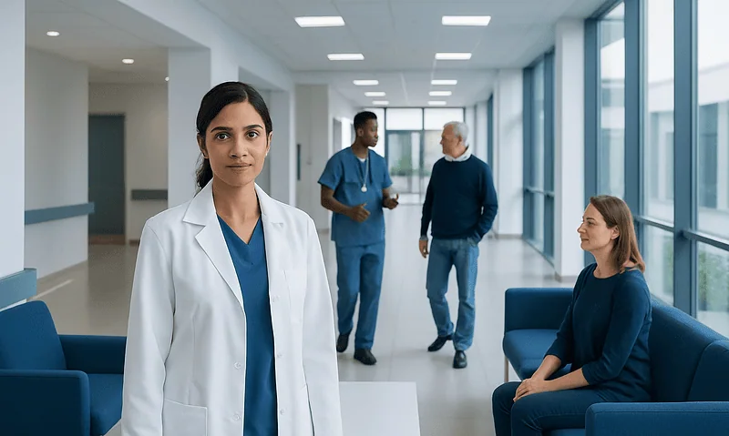 Medical team in hospital corridor with doctor and patients.
