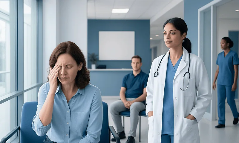 Patient experiencing eye pain during medical consultation at hospital.