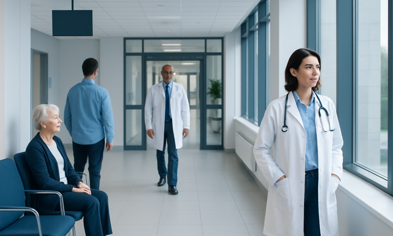 Medical team consulting with a patient in a hospital corridor.