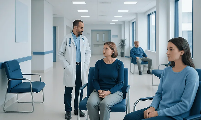 Doctor consulting with patients in a modern hospital corridor.