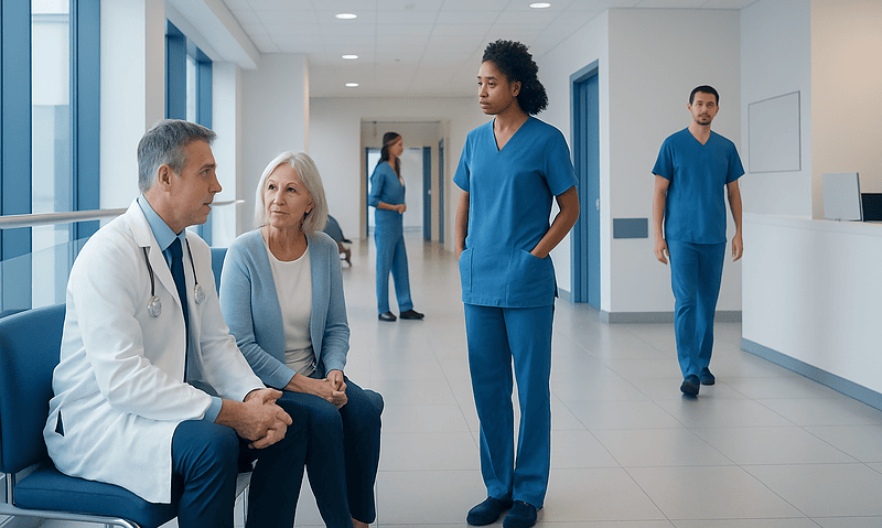 Medical team consulting with patient in hospital corridor.