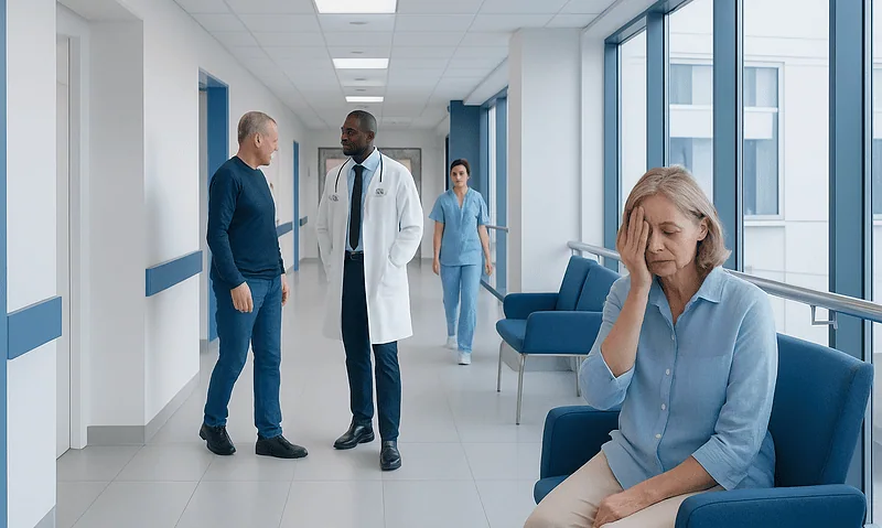 Patient experiencing vision loss in one eye in hospital corridor.