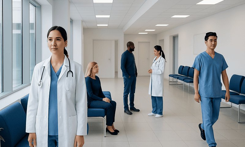 Medical professionals and patients in a hospital corridor.