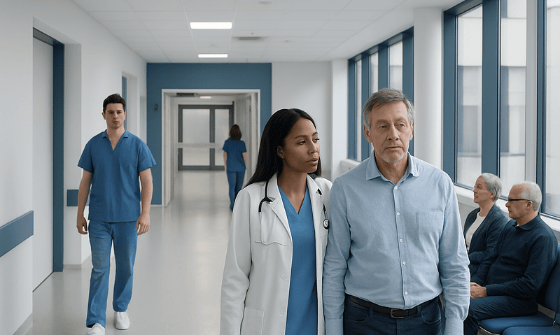 Medical staff and patients in a hospital corridor at Acibadem Hospitals Group.