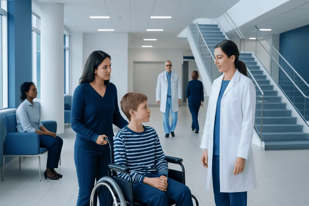 Pediatric Neuroimmunology: Symptoms That Need Early Evaluation in Children 1 Child in wheelchair with mother consulting doctor in hospital corridor.