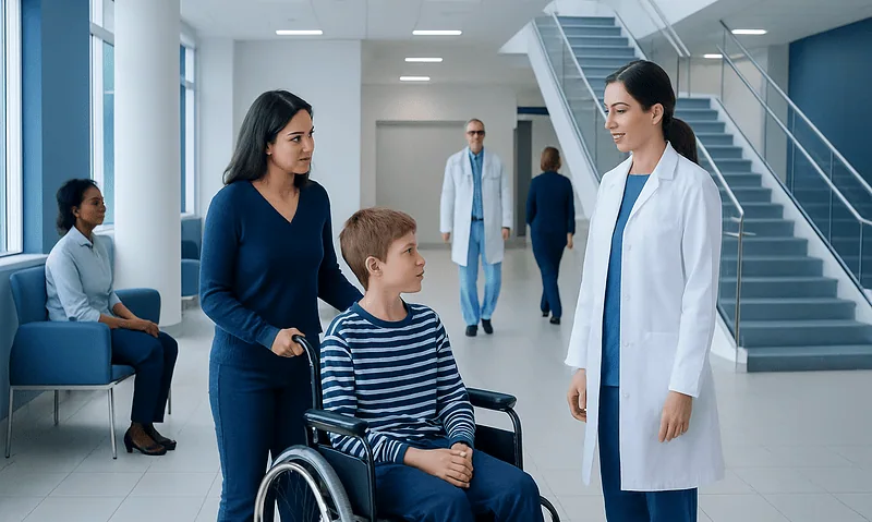 Child in wheelchair with mother consulting doctor in hospital corridor.