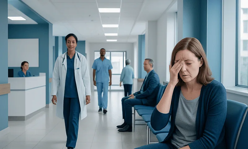 Patient experiencing headache in hospital corridor with medical staff nearby.