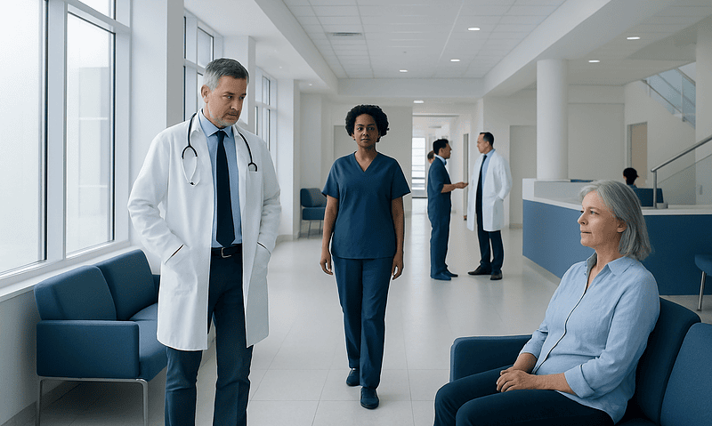 Medical team consulting with a patient in a hospital corridor.