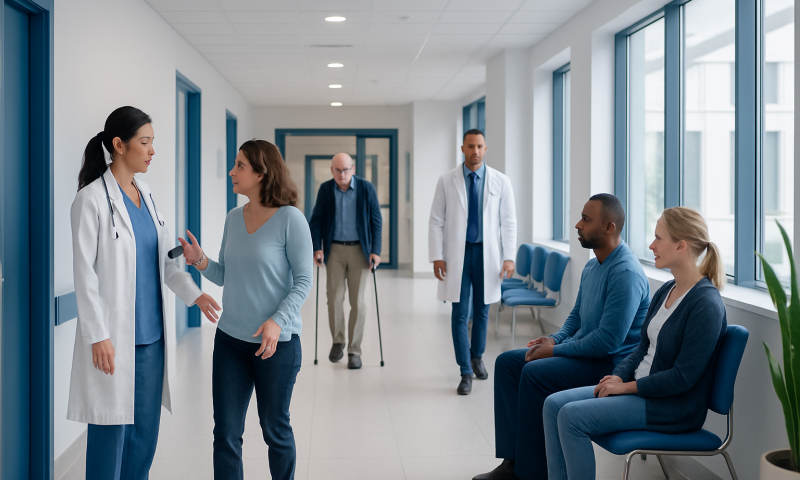 Medical consultation in a hospital corridor with diverse healthcare professionals and patients.