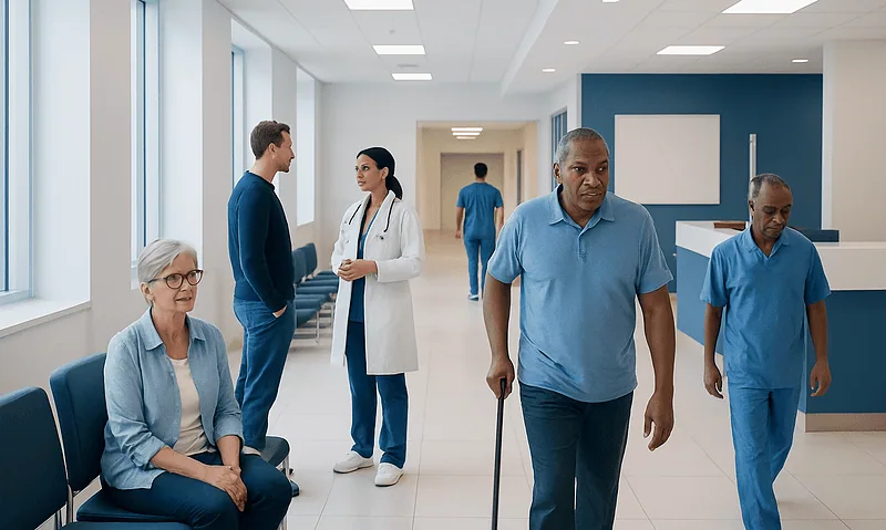 Diverse patients and healthcare professionals in a modern hospital corridor.