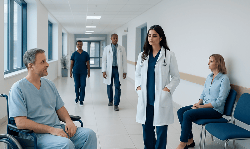 Medical team consulting in hospital corridor with patients and staff.