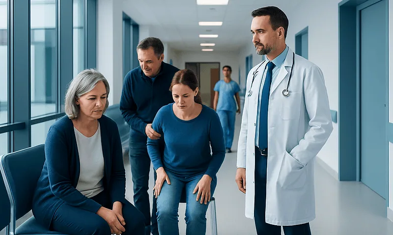 Medical team consulting with patient in hospital corridor.