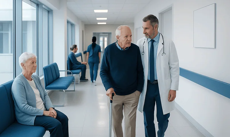 Doctor consulting elderly patient in hospital corridor.