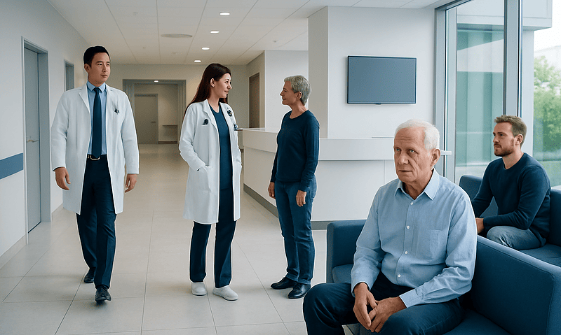 Medical professionals and patients in a hospital corridor.