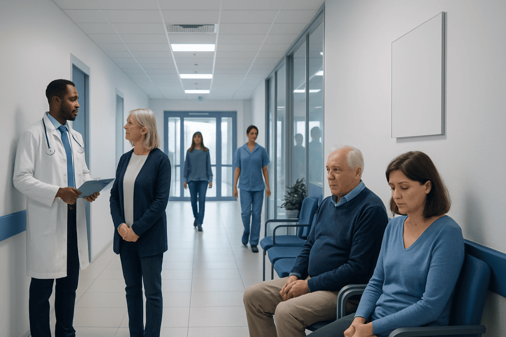Early Symptoms of Neurodegenerative Disorders: Warning Signs Not to Ignore 1 Doctor consulting elderly patients in a hospital corridor.
