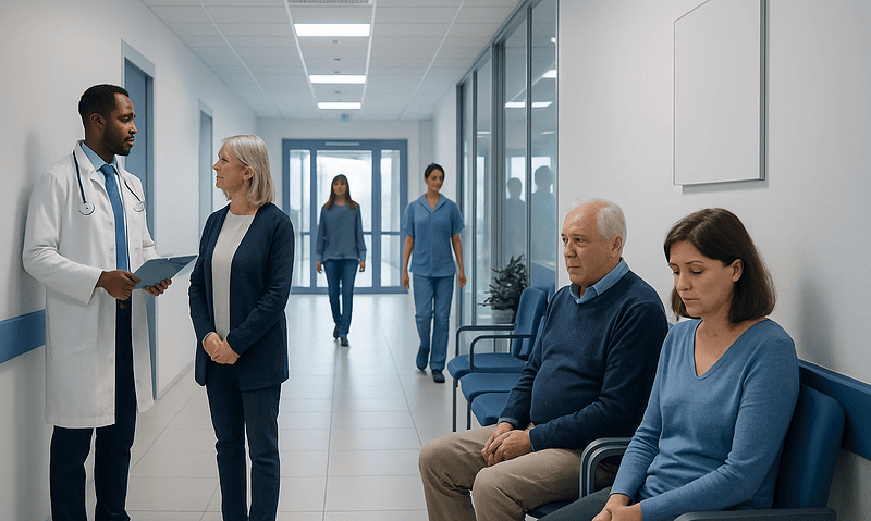 Doctor consulting elderly patients in a hospital corridor.