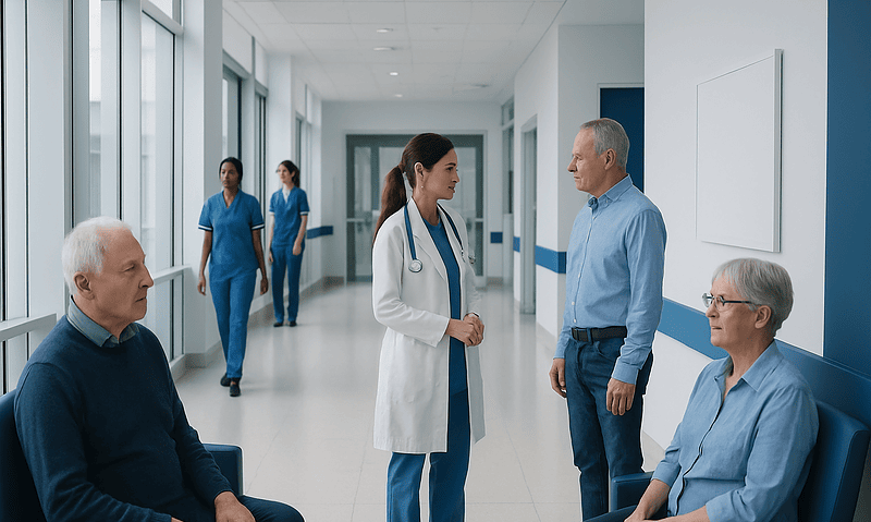 Medical staff discussing patient care in hospital corridor.