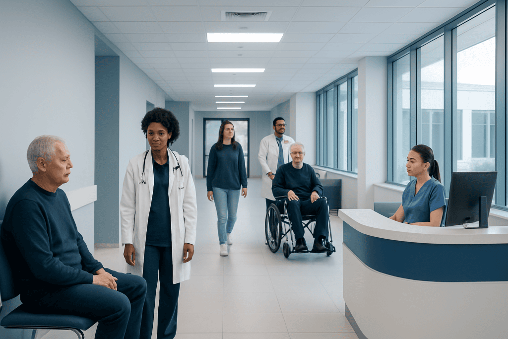 Living With a Neurodegenerative Condition: Daily Support, Safety, and When to Seek Help 1 Healthcare professionals and patients in a hospital corridor at Acibadem Hospitals Group.