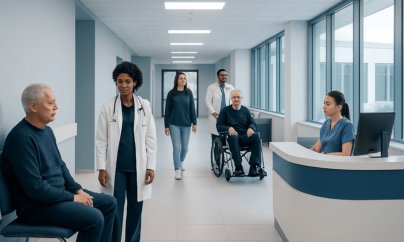 Healthcare professionals and patients in a hospital corridor at Acibadem Hospitals Group.