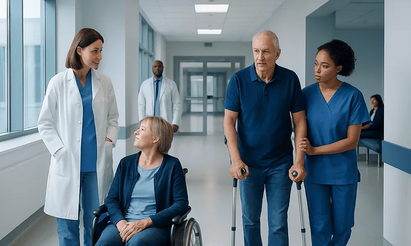 Senior patient with mobility aids in hospital corridor with medical staff.