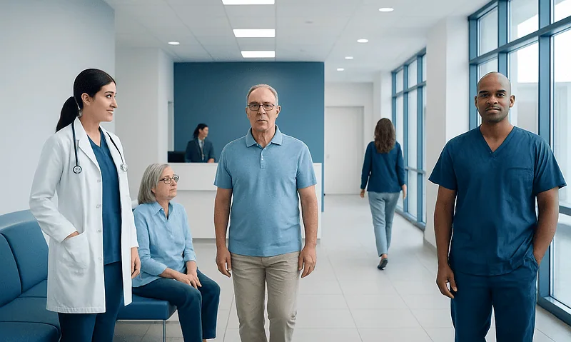Diverse medical team with patients in a modern hospital corridor.