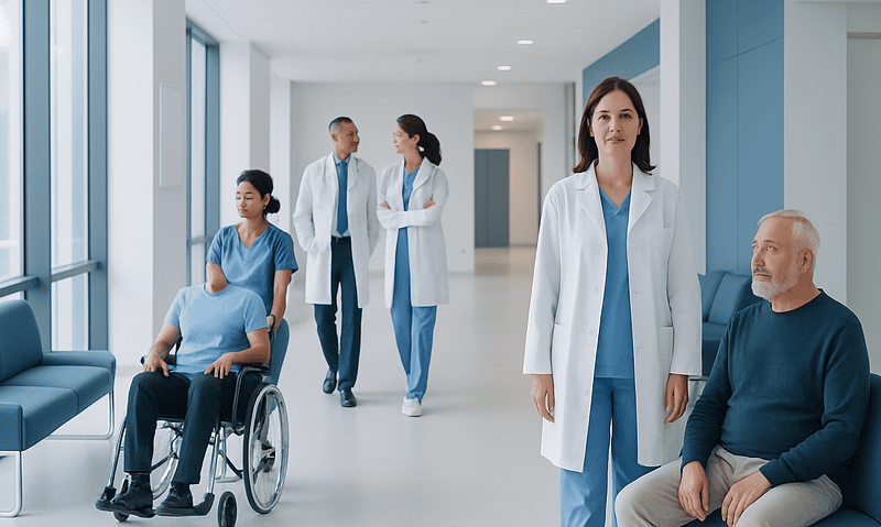 Medical team with patients in hospital corridor at Acibadem Hospitals Group.