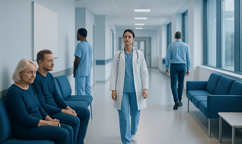 Medical professionals and patients in a hospital corridor.