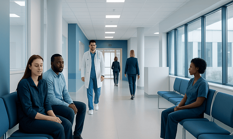 Hospital corridor with patients and medical staff in blue scrubs.