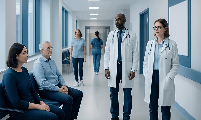 Medical team consulting patients in hospital corridor at Acibadem Hospitals Group.