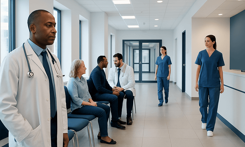Medical consultation in a hospital corridor with doctors and patients.