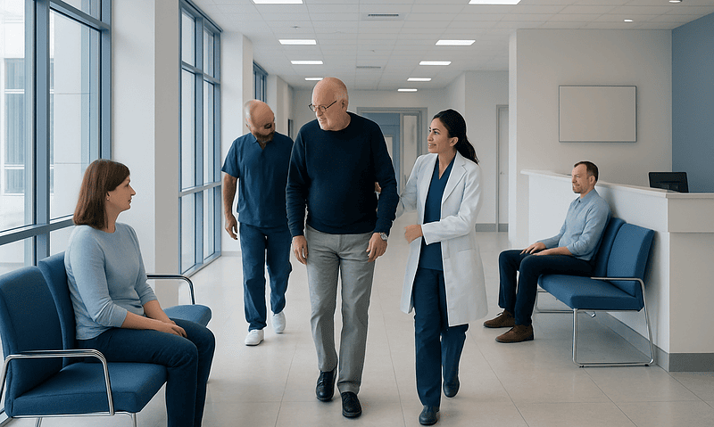 Doctor consulting with patient in hospital corridor.