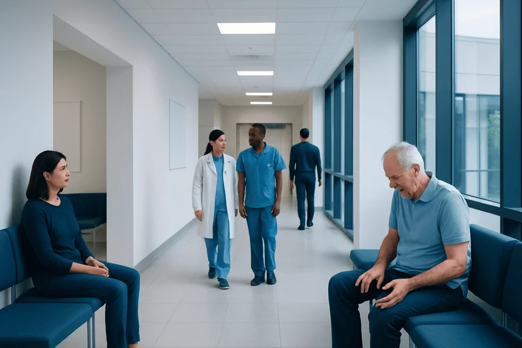 Dyskinesia Symptoms: How Involuntary Movements Can Affect the Face, Limbs, and Trunk 1 Patients and medical staff in a modern hospital corridor.